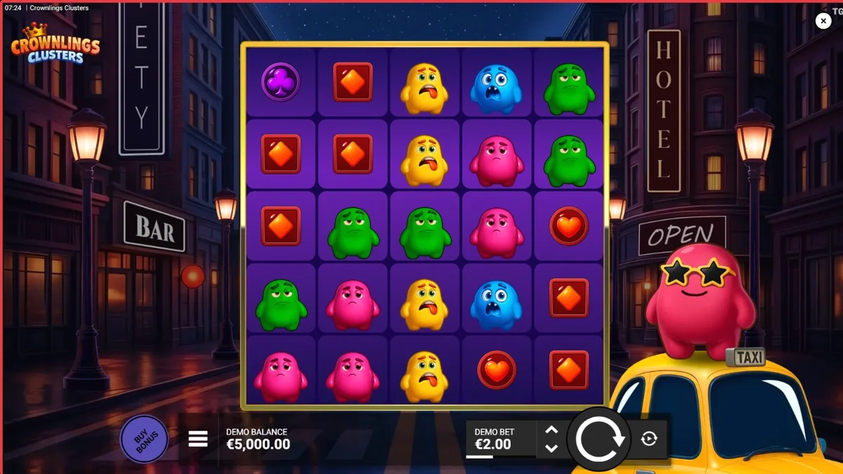 Personagens coloridos e neon do slot Crownlings Clusters